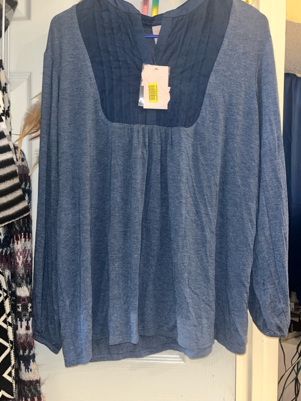 Cabernet Navy and Denim Blue Pleated Bib Long-Sleeve Blouse